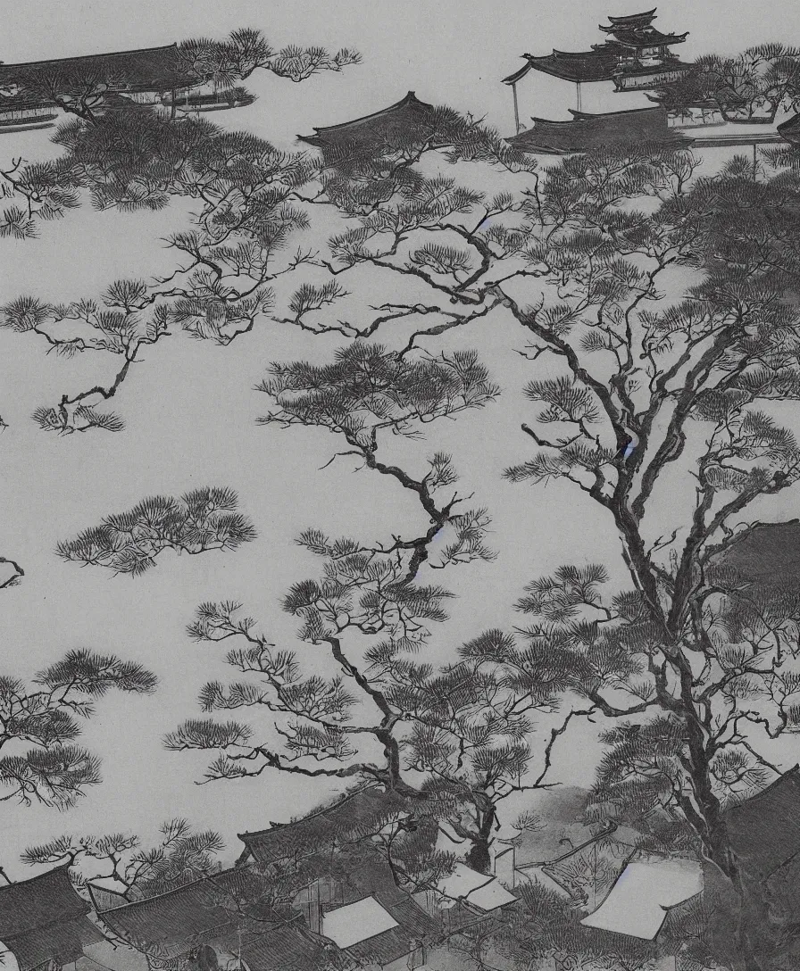 Prompt: a black and white painting of rural 1800s japan