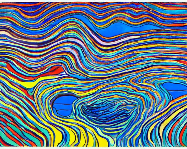 Image similar to Ocean waves in a psychedelic dream world. DMT. Curving rivers. Craggy mountains. Modernist landscape painting. Edvard Munch. David Hockney. Takashi Murakami. Minimalist.