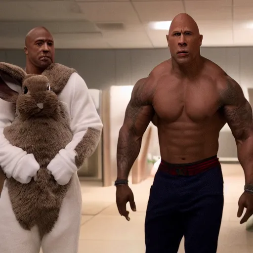 Image similar to Kevin Hart dressed in a bunny costume with Dwayne the Rock Johnson in a movie