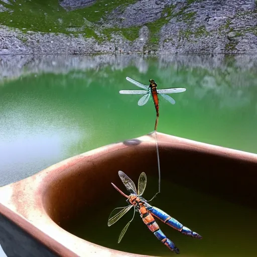 Image similar to dragonfly in a bathtub in the alps, big goat!!!!!!! in the background