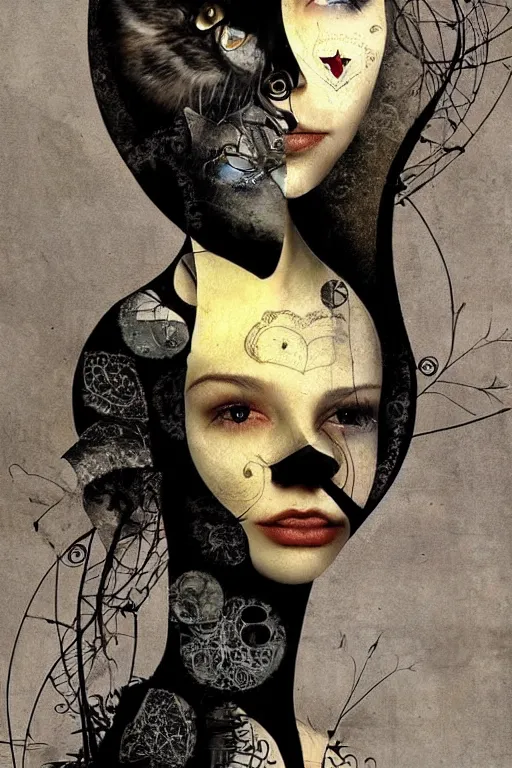 Prompt: Collage art combines a beautiful woman with a symmetrical face with a moon, cat and heart,surreal, beautiful,steampunk style dave mckean , beautiful and creepy , silkscreen, textures, epic composition, golden ratio, high quality printing,