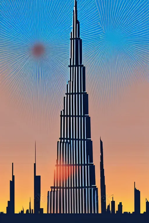 Image similar to minimalist boho style art of colorful burj khalifa at sunrise, illustration, vector art