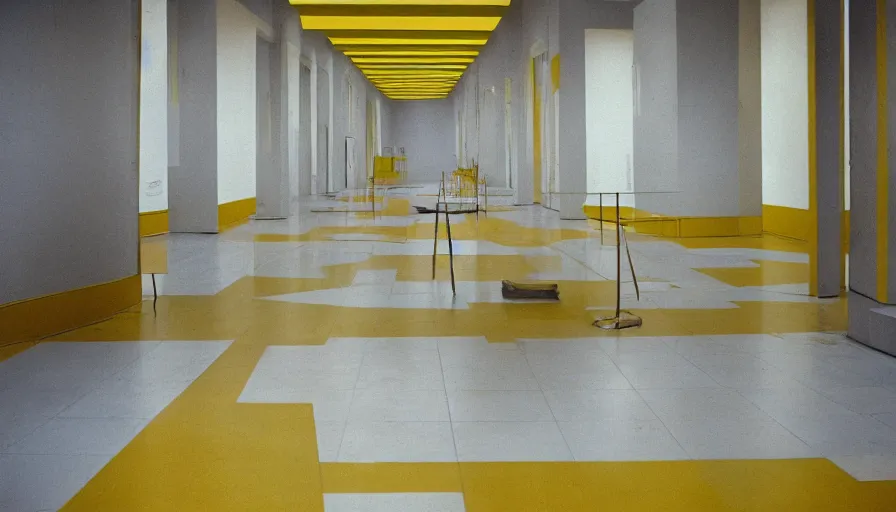 Image similar to 60s movie still of a sovietic stalinist style empty art museum with a toilet siege with yellow tiles, cinestill 800t 50mm eastmancolor, liminal Space style, heavy grain