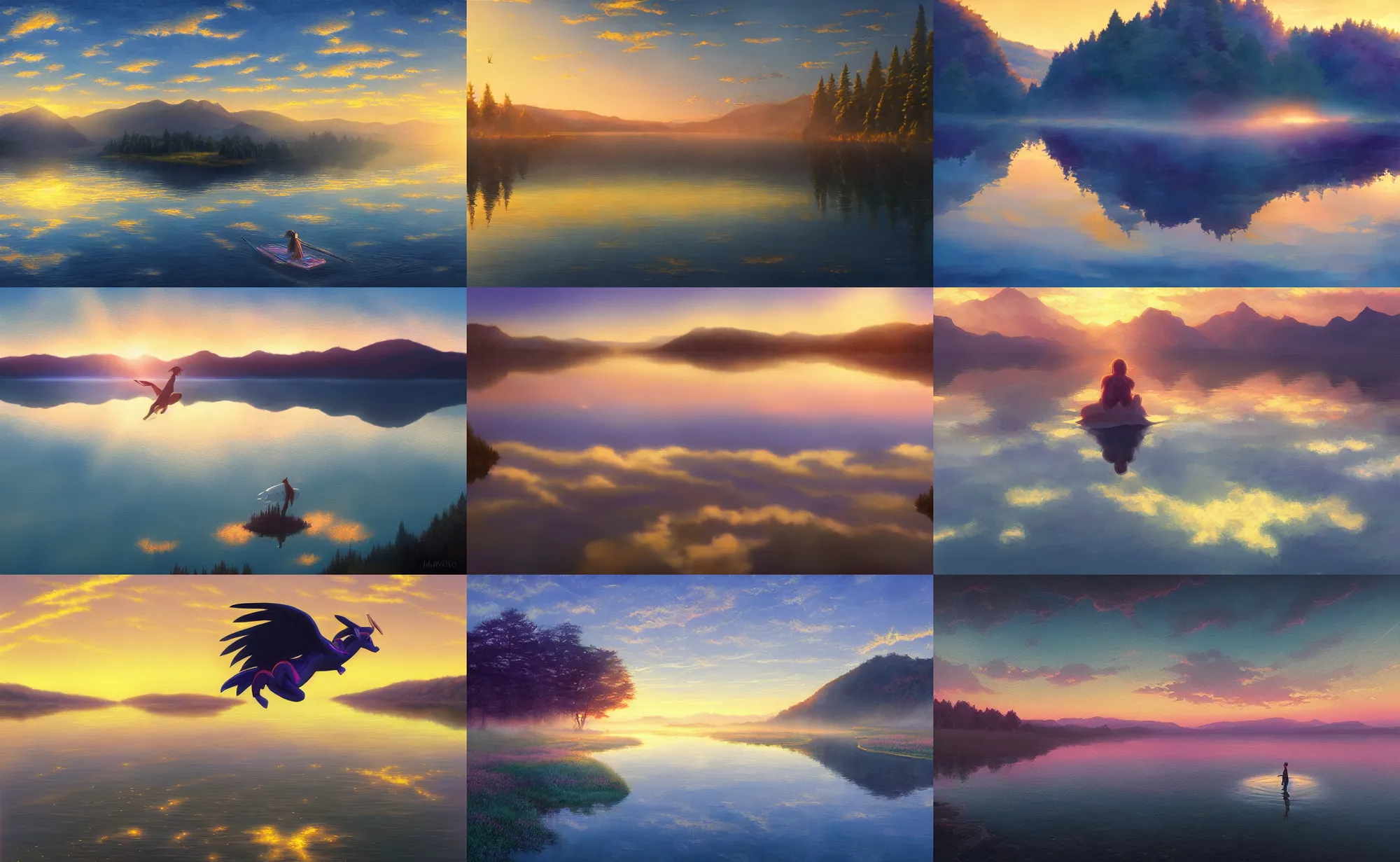 Prompt: Twilight Sparkle flying over a lake, golden hour, mist, reflections, highly detailed, landscape painting by Makoto Shinkai