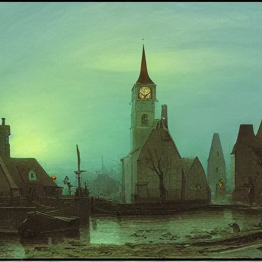 Image similar to innsmouth, wanderer, fishpeople, fishing town, church, night, dramatic light, lovecraft, painted by caspar david friedrich