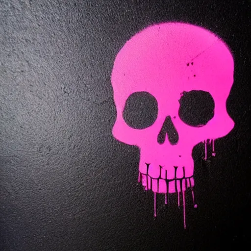 Image similar to a pink cartoon skull spray painted on a black background with dripping pink spray paint, three fourths view, graffiti, black background!!!!!