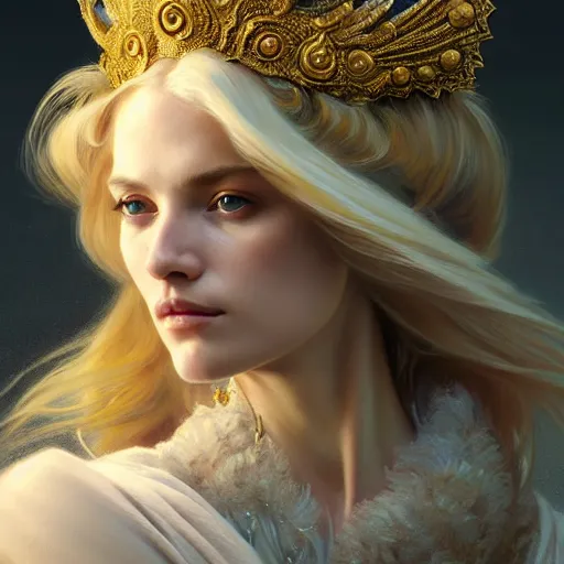 Image similar to portrait painting of a beautiful and regal blonde lady wearing a feathered cloak and noble garments, ultra realistic, concept art, intricate details, eerie, highly detailed, photorealistic, octane render, 8 k, unreal engine. art by artgerm and greg rutkowski and charlie bowater and magali villeneuve and alphonse mucha