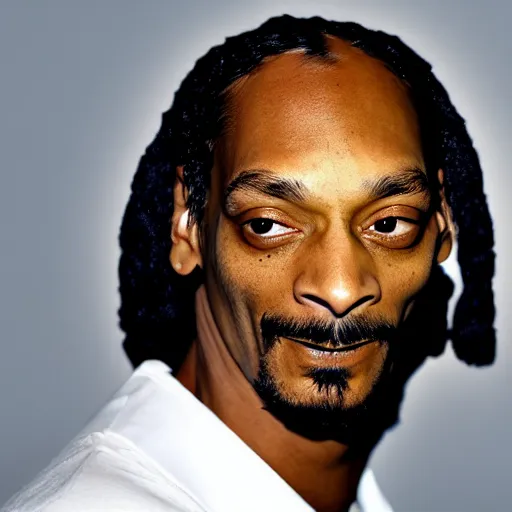 Image similar to Snoop Dog with big eyes eye color red , smiling and holding a joint in his hand