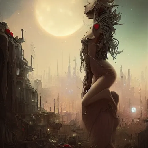 Image similar to a detailed illustration of a weeping woman against the background of a ravaged city and a dark moonlit sky, artstation, by Peter Mohrbacher, Art Nouveau, sophisticated, Unreal engine, dystopia, anti-utopia, post processing, nostalgic melancholic artwork, intricate