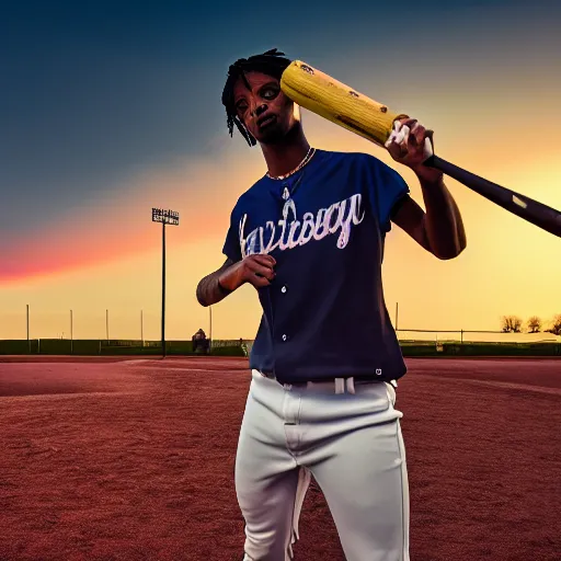 Image similar to playboi carti playing softball, baseball bat, baseball, outside, clear sky, golden hour sunlight, hdr, 4 k, widelens, photograph