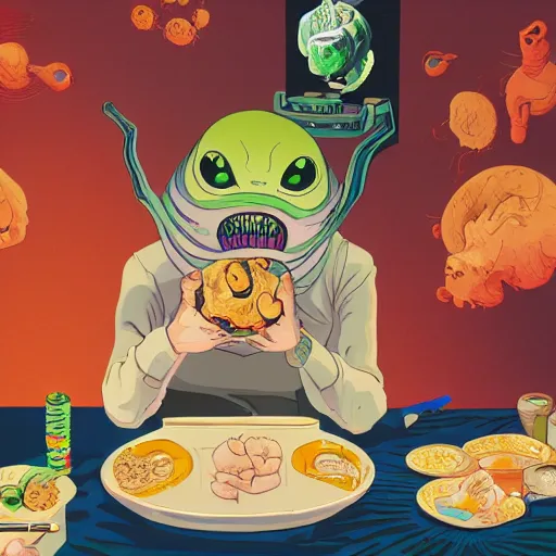 Prompt: extraterrestrial eating dumplings at fancy Japanese restaurant, Jim Henson creature shop, science fiction, highly detailed, illustration