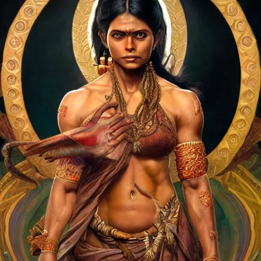 Image similar to full body painting of a muscular south indian woman, sari, ultra realistic, concept art, intricate details, eerie, horror, highly detailed, photorealistic, octane render, 8 k, unreal engine. art by artgerm and greg rutkowski and alphonse mucha