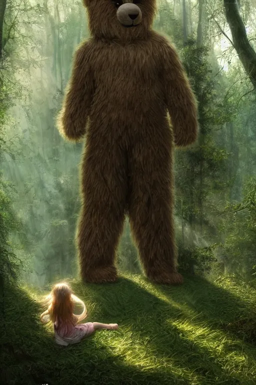 Image similar to mean fluffy teddybear protecting girl in a forest with rays of light coming through the canopy, masterpiece, dystopian, sci-fi, extremely detailed, digital painting, sculpted in zbrush, artstation, concept art, smooth, sharp focus, illustration, chiaroscuro lighting, golden ratio, incredible art, artgerm, greg rutkowski, alphonse mucha, simon stalenhag, carravaggio