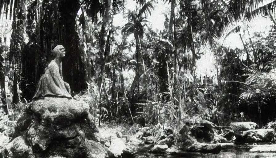 Prompt: lost film footage of a sacred object in the middle of the ( ( ( ( ( ( ( ( ( tropical jungle ) ) ) ) ) ) ) ) ) / film still / cinematic / enhanced / 1 9 2 0 s / black and white / grain