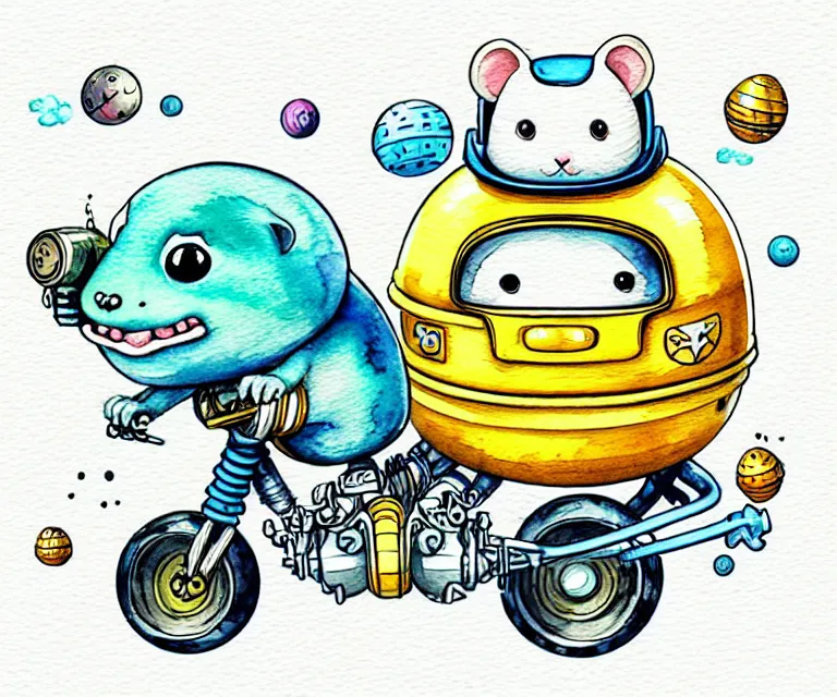 Image similar to cute and funny, hamster wearing a helmet riding in a tiny rocket ship, ratfink style by ed roth, centered award winning watercolor pen illustration, isometric illustration by chihiro iwasaki, edited by range murata, tiny details by artgerm and watercolor girl, symmetrically isometrically centered, focused