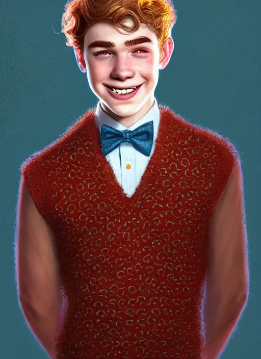 Image similar to portrait of teenage archie andrews, freckles, curly middle part haircut, curly hair, middle part hairstyle, smiling kindly, wearing a bowtie and sweater vest, intricate, elegant, glowing lights, highly detailed, digital painting, artstation, concept art, smooth, sharp focus, illustration, art by wlop, mars ravelo and greg rutkowski