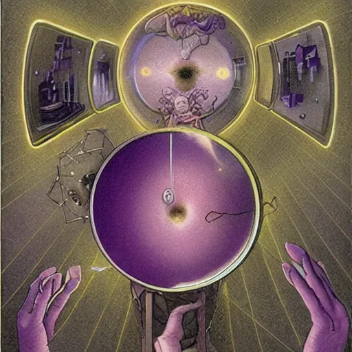 Image similar to A installation art. A rip in spacetime. Did this device in his hand open a portal to another dimension or reality?! warm violet by Chris Ware, by Brian Froud defined, realist