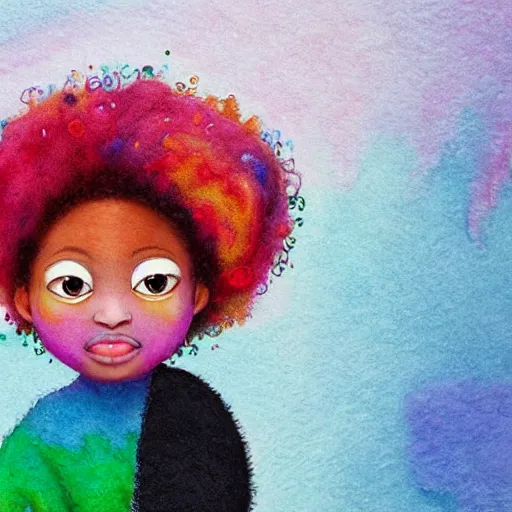 Image similar to a black girl with a colorful afro and big colorful eyes playing in the snow, bright colours, bokeh!! watercolor, volumetric wool felting, macro photography, children illustration, by goro fujita