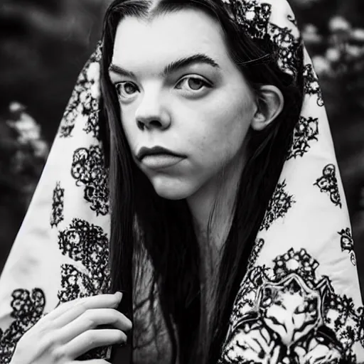 Image similar to black and white pen and ink!!!!!!! sorcerer beautiful attractive long hair Anya Taylor-Joy wearing High Royal flower print robes flaming!!!! final form sensual flowing ritual royal!!! Contemplative stance Vagabond!!!!!!!! floating magic witch!!!! glides through a beautiful!!!!!!! Camellia!!!! Tsubaki!!! death-flower!!!! battlefield behind!!!! dramatic esoteric!!!!!! Long hair flowing dancing illustrated in high detail!!!!!!!! by Hiroya Oku!!!!!!!!! graphic novel published on 2049 award winning!!!! full body portrait!!!!! action exposition manga panel black and white Shonen Jump issue by David Lynch eraserhead and beautiful line art Hirohiko Araki!! Frank Miller, Kentaro Miura!, Jojo's Bizzare Adventure!!!! 3 sequential art golden ratio technical perspective panels horizontal per page