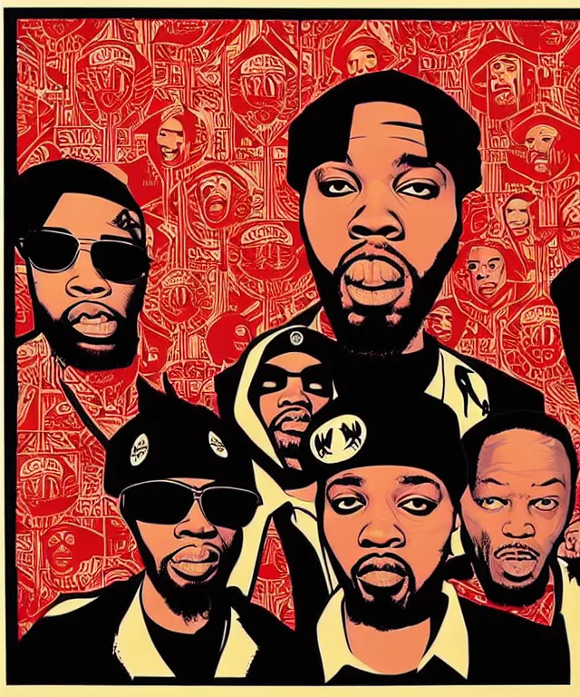 Image similar to portraits of wu tang clan by shepard fairey