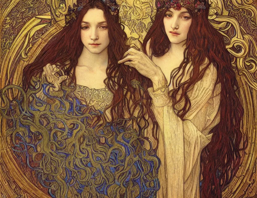 Image similar to detailed realistic beautiful young medieval queen face portrait by jean delville, alphonse mucha, vincent van gogh, and marco mazzoni, art nouveau, symbolist, visionary, gothic, pre - raphaelite