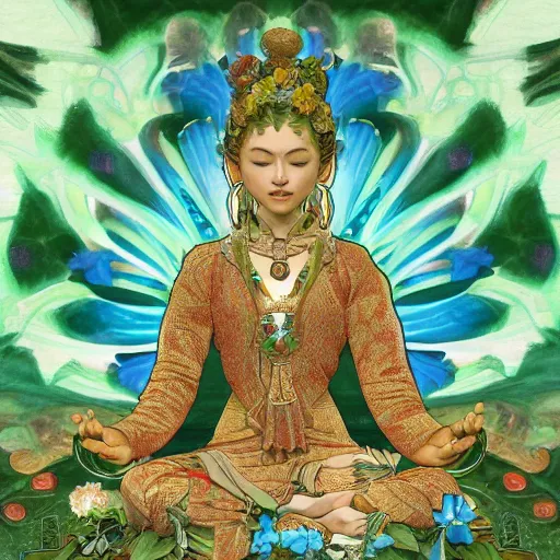 Prompt: peaceful content gardenpunk bodhisattva, praying meditating, greens and blues, intricate clothing, WLOP digital art artstation, portrait art by artgerm and greg rutkowski and alphonse mucha, HDR, cinematic, vibrant colors, photo realistic, hyperrealism, high detail, matte finish, high contrast, 3d depth, masterpiece, vivid colors, golden ratio