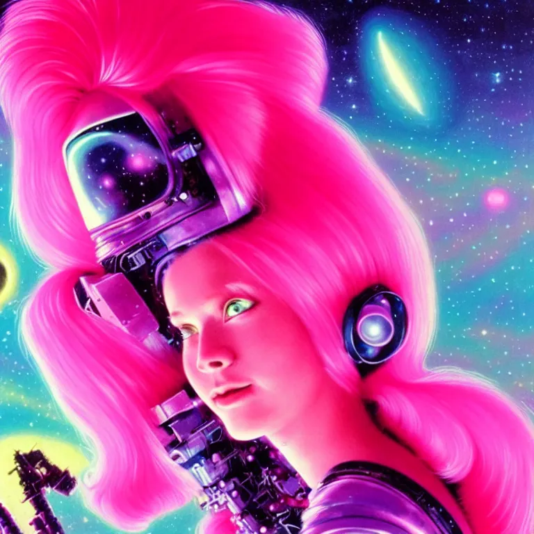 Prompt: cosmic astronaut girl pink hair, 2 0 yo, close - up, synthwave, bright neon colors, highly detailed, cinematic, tim white, roger dean, michael whelan, jim burns, bob eggleton, philippe druillet, kubrick, alfred kelsner, vallejo