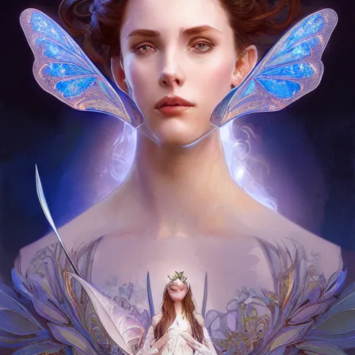 Image similar to portrait of faerie queen, elegant, intricate, headshot, blue sky background, highly detailed, digital painting, artstation, concept art, sharp focus, illustration, art by artgerm and greg rutkowski and alphonse mucha h 7 6 8