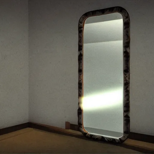 Image similar to a mirror but in the reflection is a fantasy world, dynamic lighting, photorealistic, ambient lighting