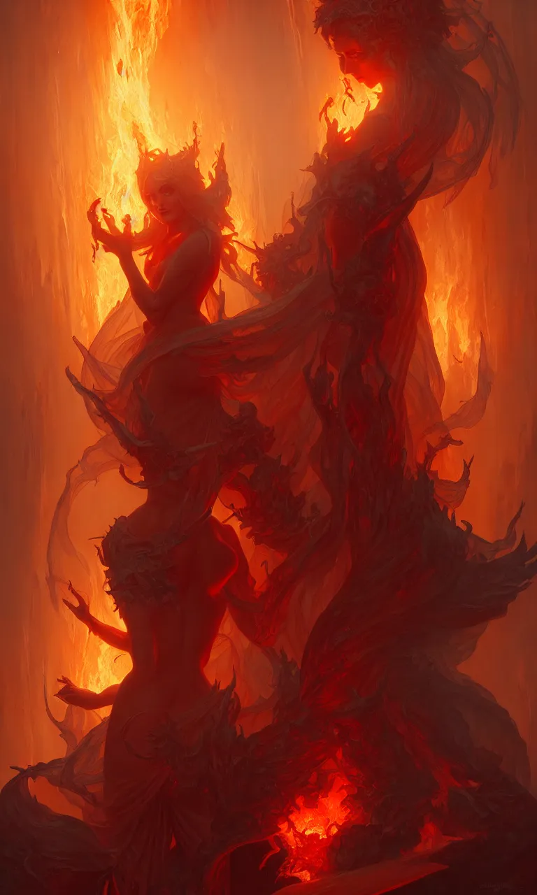 Image similar to Purgatory, fire вevil woman in hell. The gateway to the infernal underworld. Devils demons, highly detailed, digital painting, artstation, concept art, smooth, sharp focus, illustration, art by artgerm and greg rutkowski and alphonse mucha