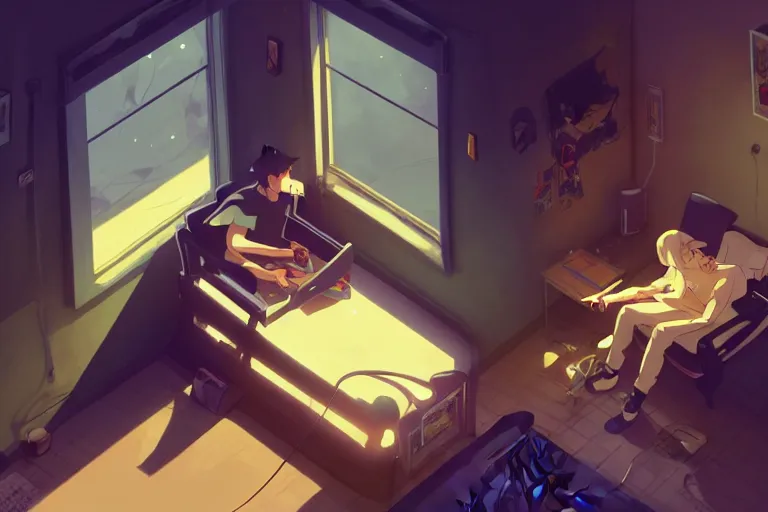 Prompt: a young man sitting in a bedroom chair playing xbox, a black cat is asleep next to him, wide angle shot from above, golden curve composition, animation portrait concept art, style of makoto shinkai, james jean and peter mohrbacher, studio ghibli, artgerm, karol bak, dan mumford, 4 k hd, animation style