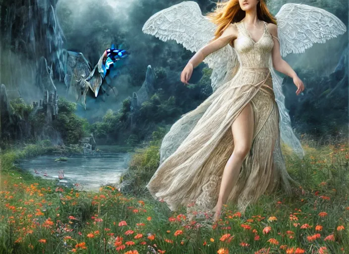 Image similar to portrait of a beautiful women with wings of lace in a lord of the rings scenery landscape, symmetrical body, face by artgerm, river, tall flowers, sunny day, highly detailed, perfect lighting, perfect composition, 4 k, by alan lee, by derek zabrocki, by greg rutkowski