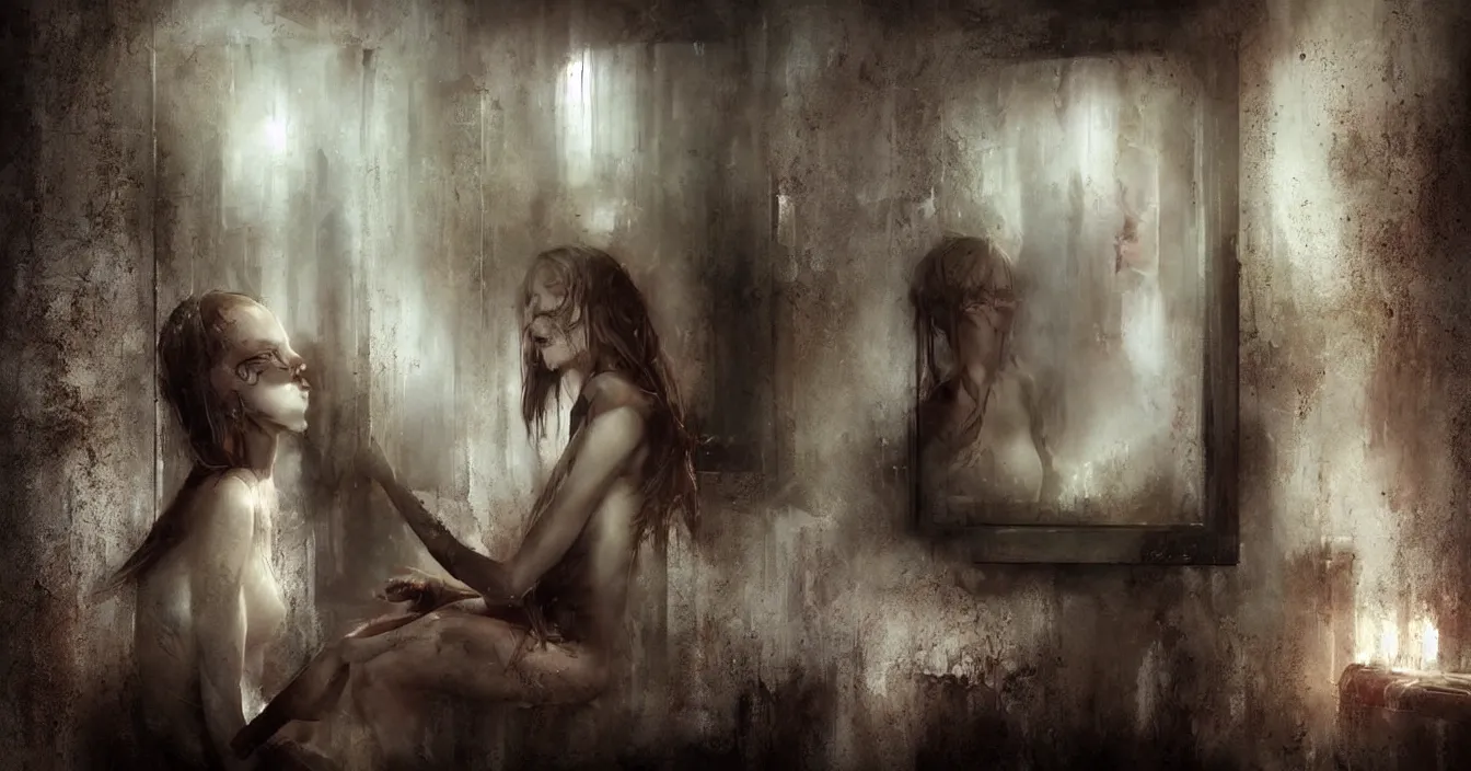 Image similar to dark secret world behind mirror with very deep stillness, dimension of still moment, digital art, by bastien lecouffe deharme