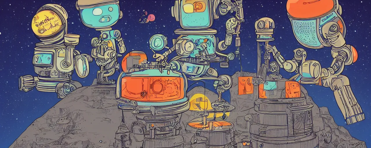 Image similar to cute robots working on the moon trending on artstation 8K pincushion lens effect, robert crumb cartoon