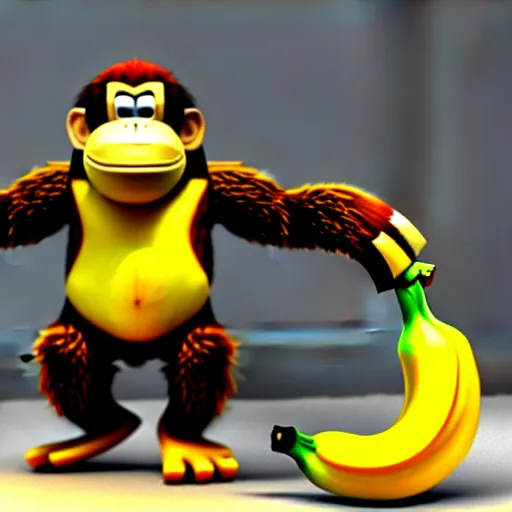 Prompt: Donkey Kong. A banana on the ground, Donkey Kong is standing on the banana. 3D render