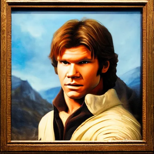 Image similar to a portrait painting of han solo from star wars in a renaissance style hanging in the louvre