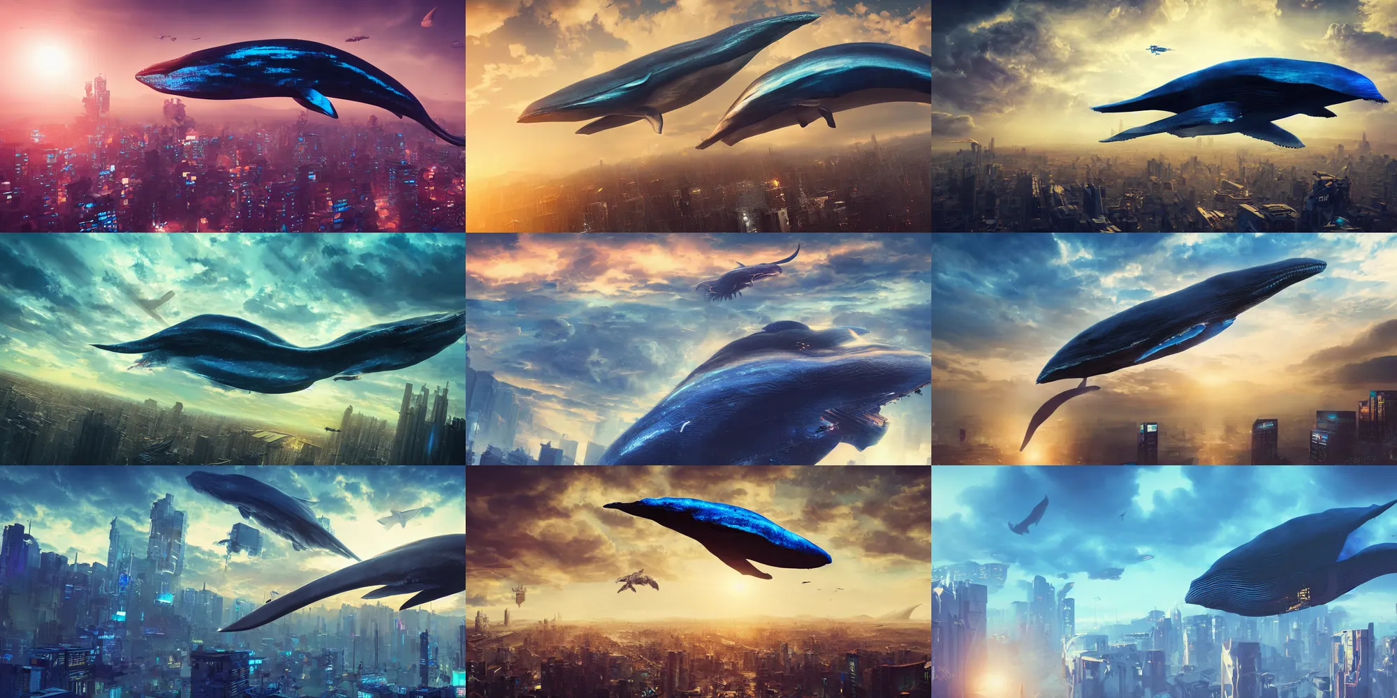 Prompt: a cyberpunk blue whale is flying high in the sky above the city, epic, surreal, cinematic shot, golden hour, artstation, deviantart, dreamy atmosphere, high definition