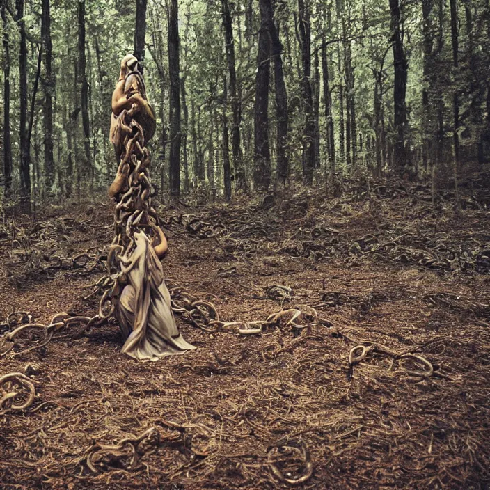 Prompt: a woman wrapped in chains, dragging a pile of chains, in a forest, by Erik Almas, CANON Eos C300, ƒ1.8, 35mm, 8K, medium-format print