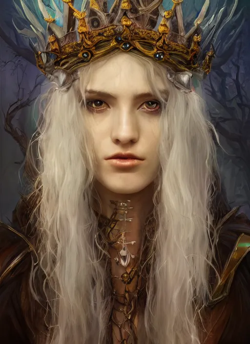 Image similar to pale, beautiful witch with long hair and a delicate crown, fantasy, medieval, vivid colors, fantasy, elegant, concept art, sharp focus, beautiful face!!, digital art, Hyper-realistic, 4K, Unreal Engine, Highly Detailed, HD, Dramatic Lighting by Brom, trending on Artstation