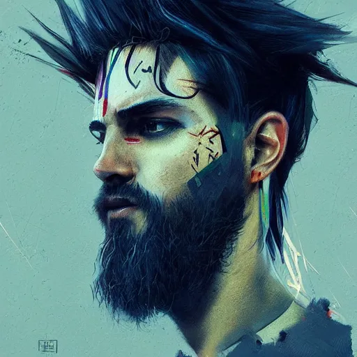 Prompt: punky beautiful boy profile picture by Greg Rutkowski, long hairs, asymmetrical, Organic Painting, geometric shapes, hard edges, graffiti, street art, trending on the artstation