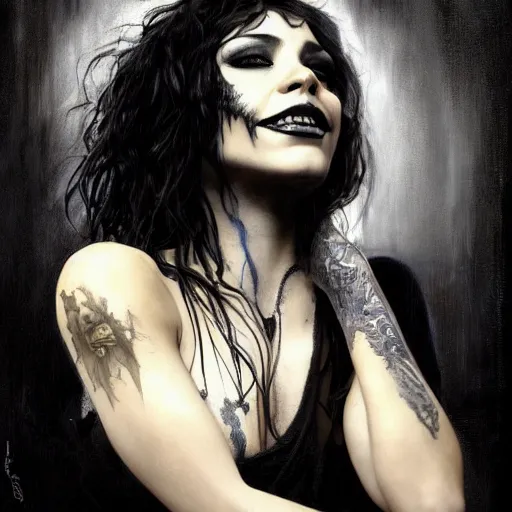 Image similar to beautiful portrait of vanessa hudgens as death from sandman, smiling, by cedric peyravernay, alphonse mucha, by jeremy mann, by lecouffe deharme, goth chic, soft lightning, eyeliner, punk rock, high detailed, 8 k