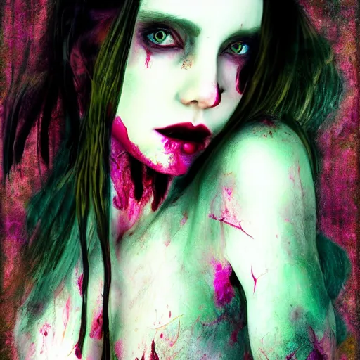 Prompt: pale necro beautiful girl, decaying bleeding colors!, digital painting, devianart, a picture taken by lisa odel and samantha elisa