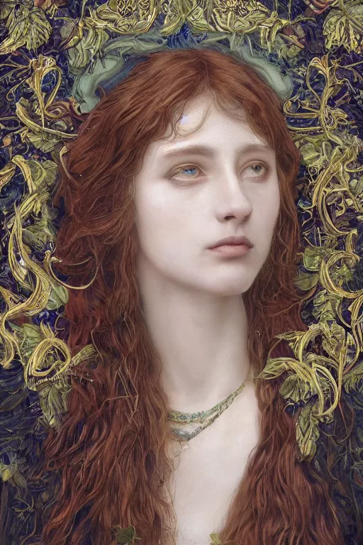 Image similar to An extremely beautiful pre-raphaelite ornate portrait of a very beautiful witch, surreal, ultradetailed, intricate, elegant, digital art painting, concept art, smooth, sharp focus, magazine art cover illustration, regal, award winning picture, extremely detailed masterpiece, sense of awe, featured on Artstation, Artgerm, ethereal bubbles, Aetherpunk, atmospheric lightning, Exquisite floral details, 8K detail post-processing, oil painting