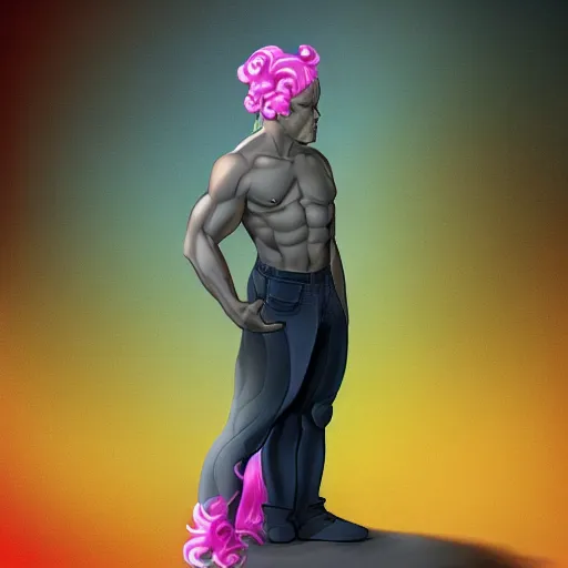 Prompt: man in the process of morphing into Pinkie Pie from My Little Pony, man turning into pony, standing on all fours, trending on artstation, coherent body, high contrast,