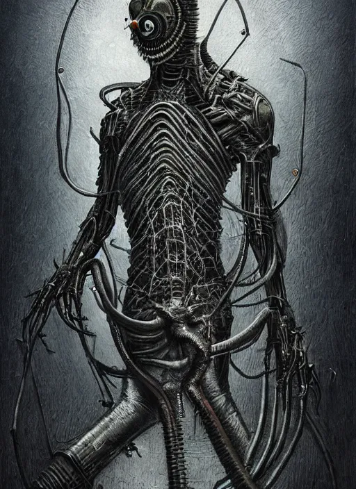 Image similar to Dark scary atmospheric detailed Outsider cyberpunk demon with mechanical wires wearing GAS MASK from the NetherRealm smoke mist vapor atmosphere by HR Giger and alex grey