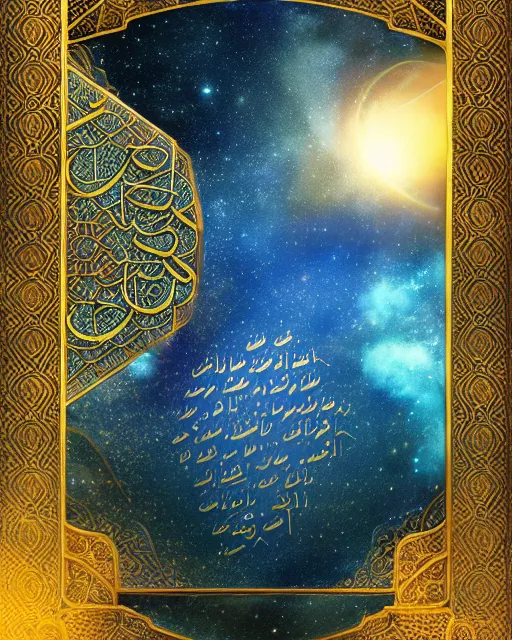 Image similar to the quran descending from the galaxy into clouds highly detailed, gold filigree, romantic storybook fantasy, soft cinematic lighting, award, pastel color palette, featured on artstation, digital art