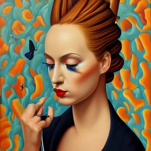 Prompt: a painting of a woman, an ultrafine detailed painting by rafal olbinski, behance contest winner, pop surrealism, detailed painting, skeuomorphic, airbrush art