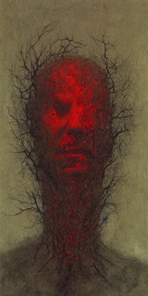 Prompt: portrait of sad man whose half face is golden skull, red ash floating, dust particles, dark atmosphere, lovecraftian, full of emotion, painting by beksinski
