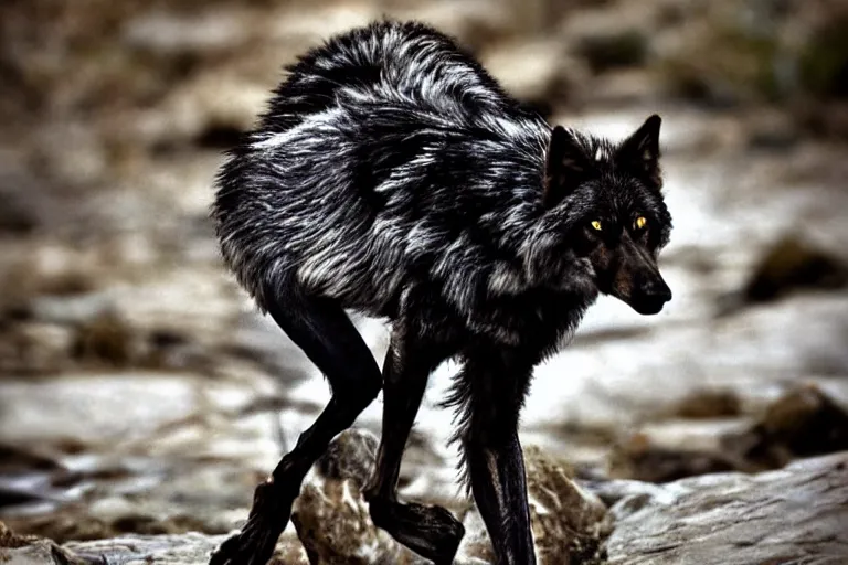 Prompt: ! human wolf crow werecreature, color photograph captured at creek