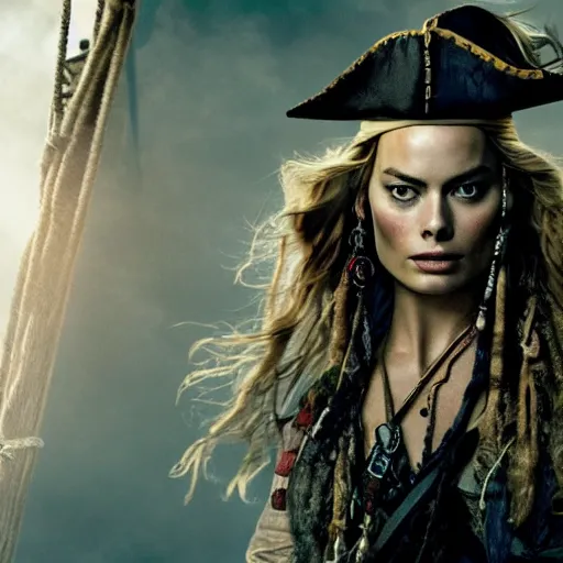 Image similar to stunning awe inspiring margot robbie as a pirate in pirates of the caribbean, movie still 8 k hdr atmospheric lighting